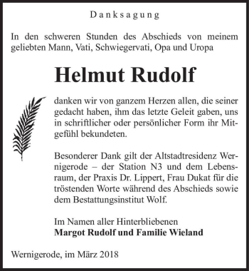 Traueranzeige von Helmut Rudolf  von Magdeburger Volksstimme