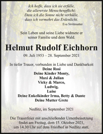 Traueranzeige von Helmut Rudolf Eichhorn  von Magdeburger Volksstimme