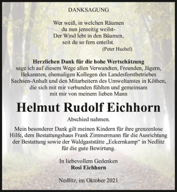 Traueranzeige von Helmut Rudolf Eichhorn  von Magdeburger Volksstimme