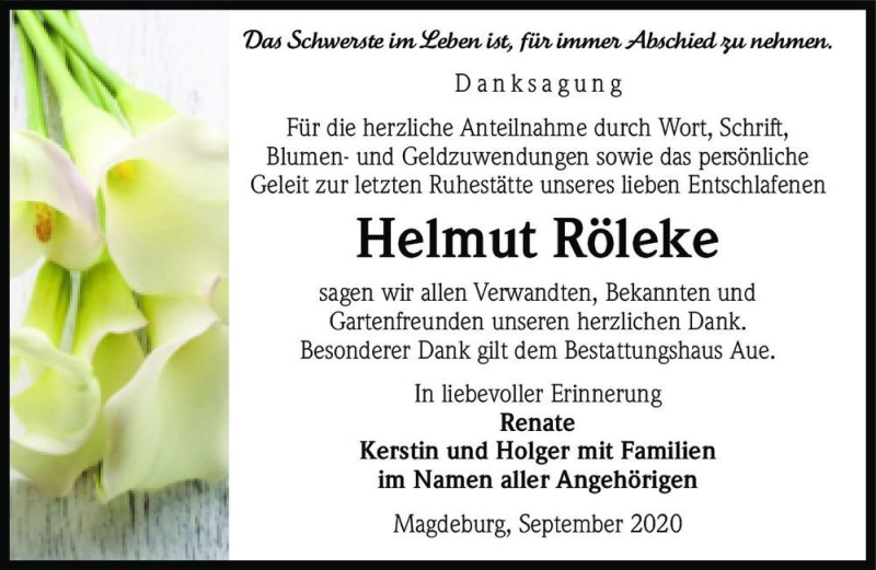  Traueranzeige für Helmut Röleke  vom 12.09.2020 aus Magdeburger Volksstimme