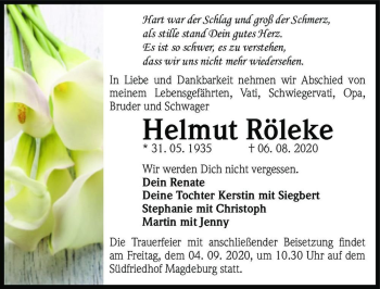 Traueranzeige von Helmut Röleke  von Magdeburger Volksstimme