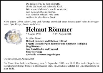 Traueranzeige von Helmut Römmer  von Magdeburger Volksstimme