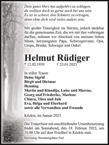 Traueranzeige von Helmut Rüdiger  von Magdeburger Volksstimme