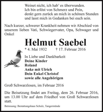 Traueranzeige von Helmut Saebel  von Magdeburger Volksstimme