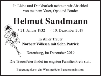 Traueranzeige von Helmut Sandmann  von Magdeburger Volksstimme