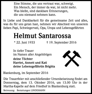Traueranzeige von Helmut Santarossa  von Magdeburger Volksstimme