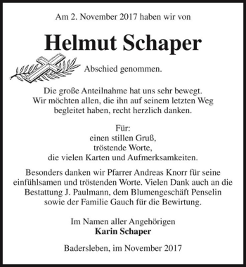 Traueranzeige von Helmut Schaper  von Magdeburger Volksstimme