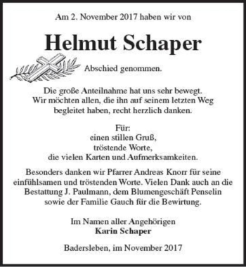 Traueranzeige von Helmut Schaper  von Magdeburger Volksstimme