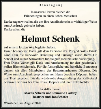 Traueranzeige von Helmut Schenk  von Magdeburger Volksstimme