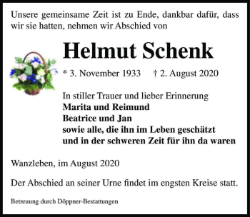 Traueranzeige von Helmut Schenk  von Magdeburger Volksstimme