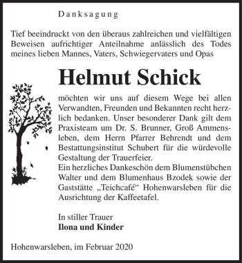 Traueranzeige von Helmut Schick  von Magdeburger Volksstimme