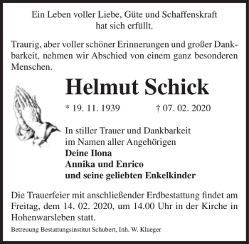 Traueranzeige von Helmut Schick  von Magdeburger Volksstimme