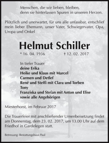 Traueranzeige von Helmut Schiller  von Magdeburger Volksstimme