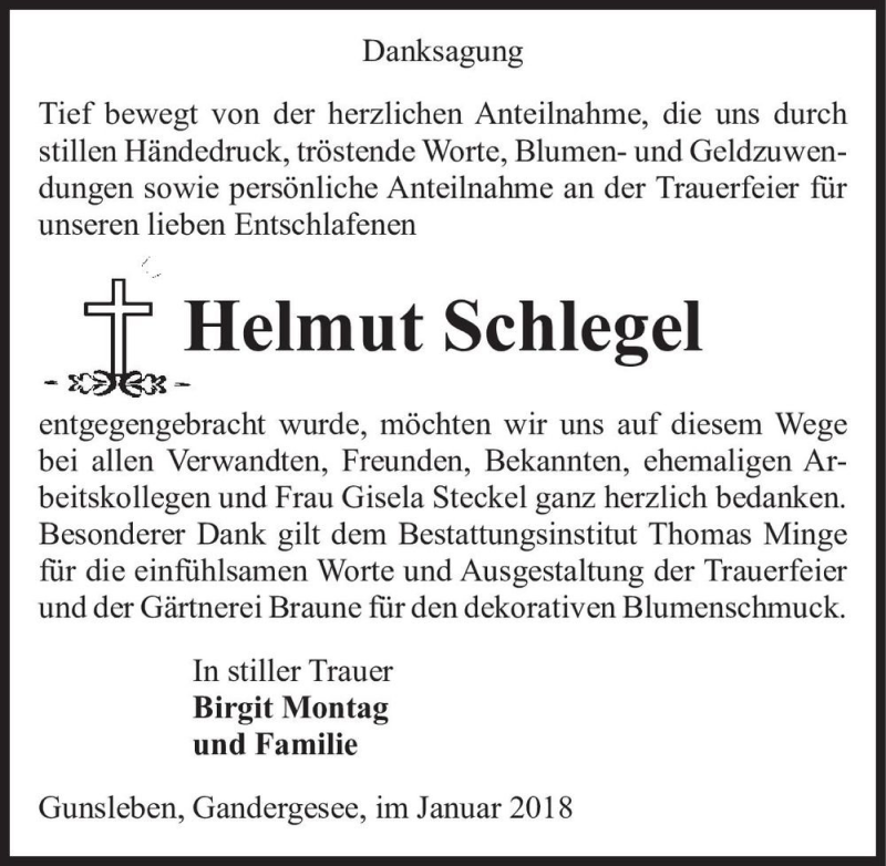  Traueranzeige für Helmut Schlegel  vom 03.02.2018 aus Magdeburger Volksstimme