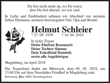 Traueranzeige von Helmut Schleier  von Magdeburger Volksstimme