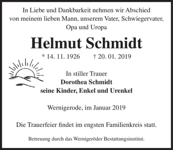 Traueranzeige von Helmut Schmidt  von Magdeburger Volksstimme