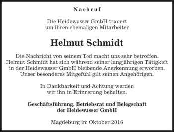 Traueranzeige von Helmut Schmidt  von Magdeburger Volksstimme