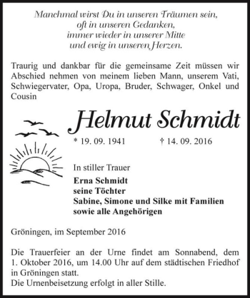 Traueranzeige von Helmut Schmidt  von Magdeburger Volksstimme