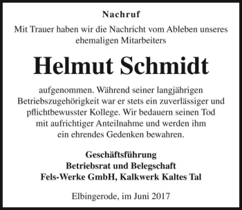 Traueranzeige von Helmut Schmidt  von Magdeburger Volksstimme