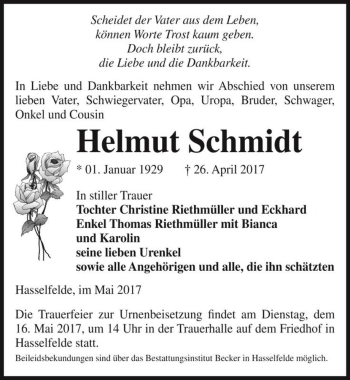 Traueranzeige von Helmut Schmidt  von Magdeburger Volksstimme