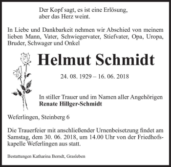 Traueranzeige von Helmut Schmidt  von Magdeburger Volksstimme