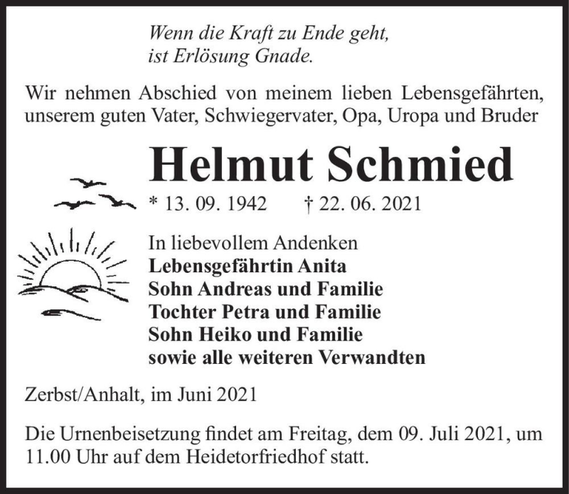 Traueranzeige für Helmut Schmied  vom 26.06.2021 aus Magdeburger Volksstimme