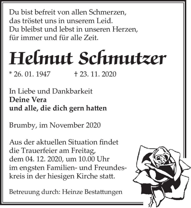  Traueranzeige für Helmut Schmutzer  vom 28.11.2020 aus Magdeburger Volksstimme