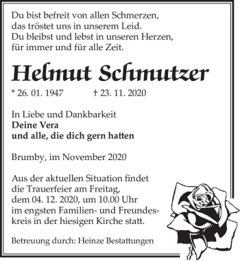 Traueranzeige von Helmut Schmutzer  von Magdeburger Volksstimme