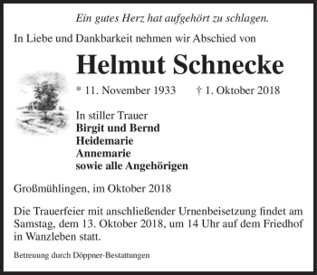 Traueranzeige von Helmut Schnecke  von Magdeburger Volksstimme