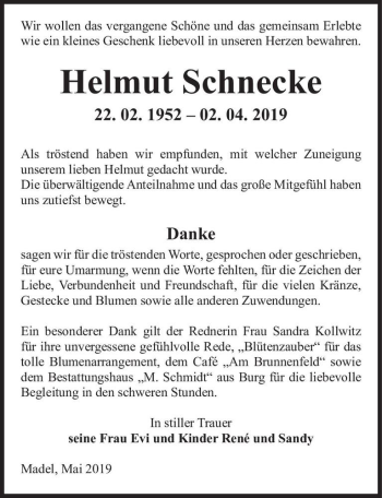 Traueranzeige von Helmut Schnecke  von Magdeburger Volksstimme
