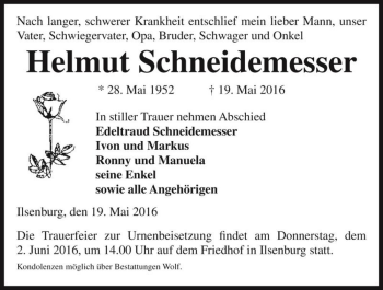 Traueranzeige von Helmut Schneidemesser  von Magdeburger Volksstimme