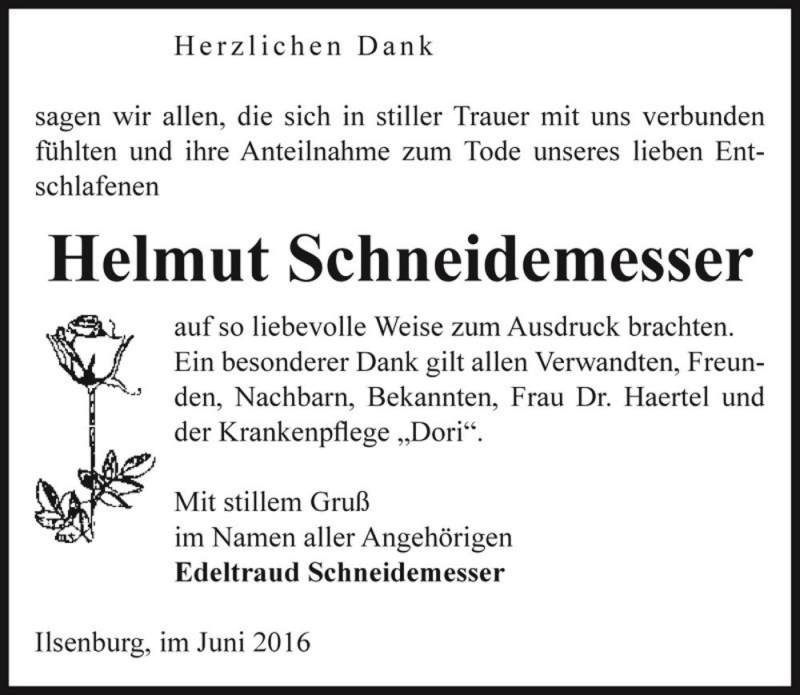  Traueranzeige für Helmut Schneidemesser  vom 09.06.2016 aus Magdeburger Volksstimme