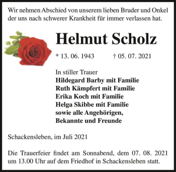 Traueranzeige von Helmut Scholz  von Magdeburger Volksstimme