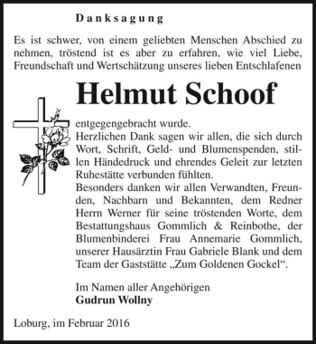 Traueranzeige von Helmut Schoof  von Magdeburger Volksstimme