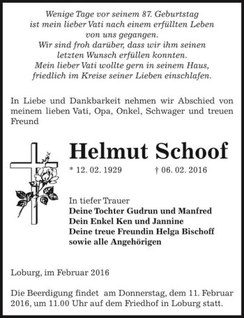 Traueranzeige von Helmut Schoof  von Magdeburger Volksstimme