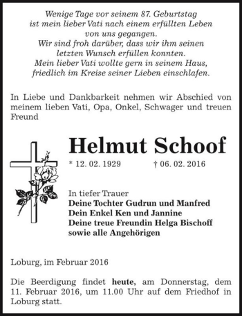 Traueranzeige von Helmut Schoof  von Magdeburger Volksstimme