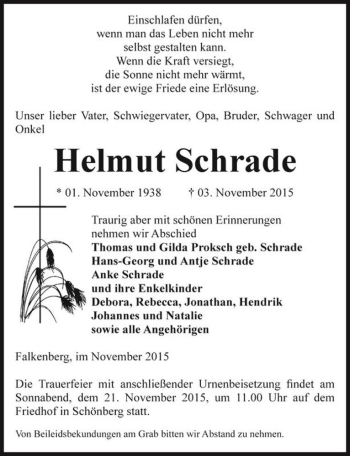 Traueranzeige von Helmut Schrade  von Magdeburger Volksstimme