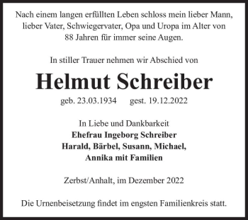 Traueranzeige von Helmut Schreiber  von Magdeburger Volksstimme