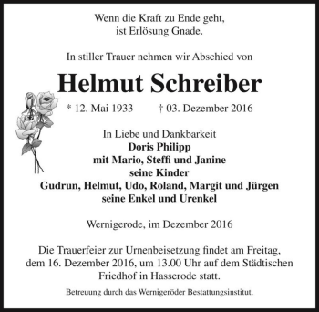 Traueranzeige von Helmut Schreiber  von Magdeburger Volksstimme