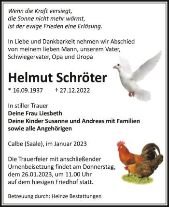 Traueranzeige von Helmut Schröter  von Magdeburger Volksstimme