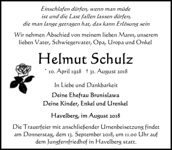 Traueranzeige von Helmut Schulz  von Magdeburger Volksstimme
