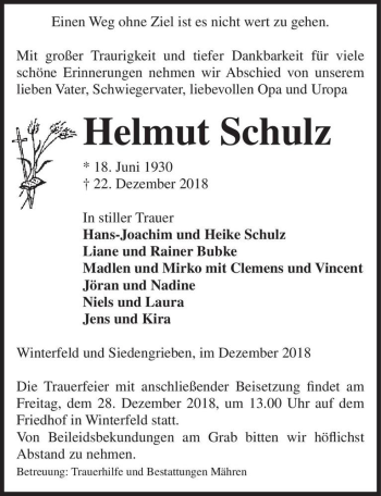 Traueranzeige von Helmut Schulz  von Magdeburger Volksstimme