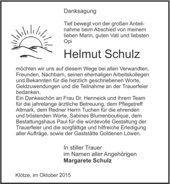 Traueranzeige von Helmut Schulz  von Magdeburger Volksstimme