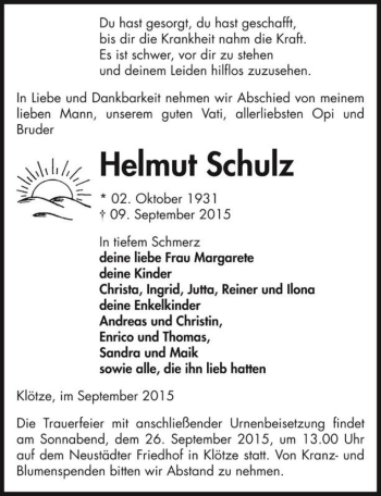 Traueranzeige von Helmut Schulz  von Magdeburger Volksstimme