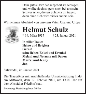 Traueranzeige von Helmut Schulz  von Magdeburger Volksstimme
