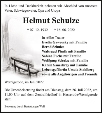 Traueranzeige von Helmut Schulze  von Magdeburger Volksstimme