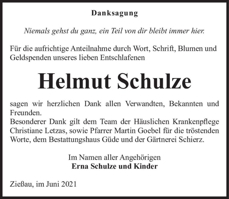  Traueranzeige für Helmut Schulze  vom 02.06.2021 aus Magdeburger Volksstimme