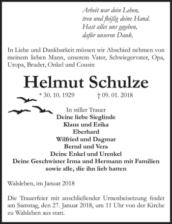 Traueranzeige von Helmut Schulze  von Magdeburger Volksstimme