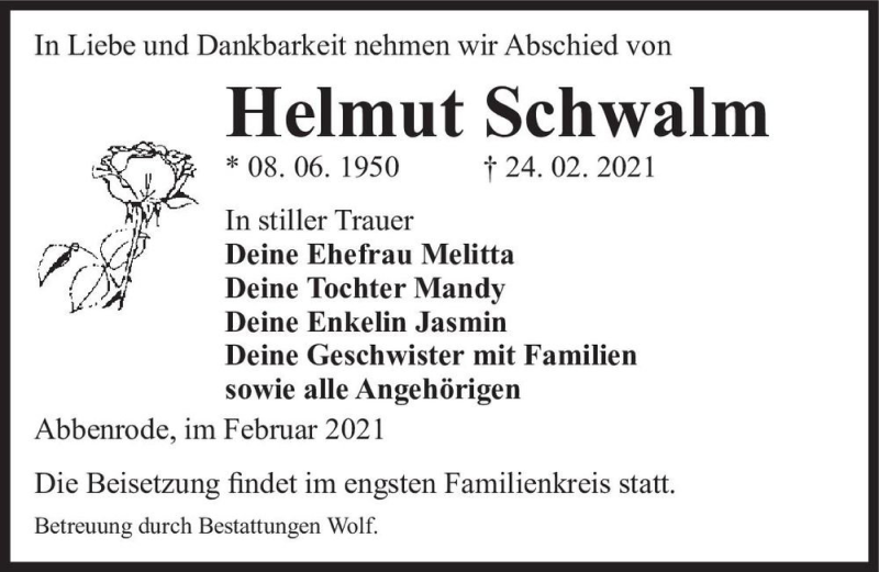  Traueranzeige für Helmut Schwalm  vom 06.03.2021 aus Magdeburger Volksstimme