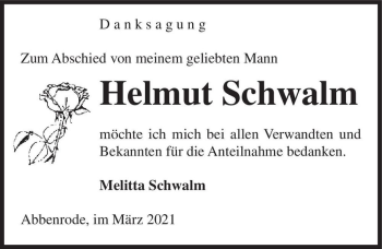 Traueranzeige von Helmut Schwalm  von Magdeburger Volksstimme